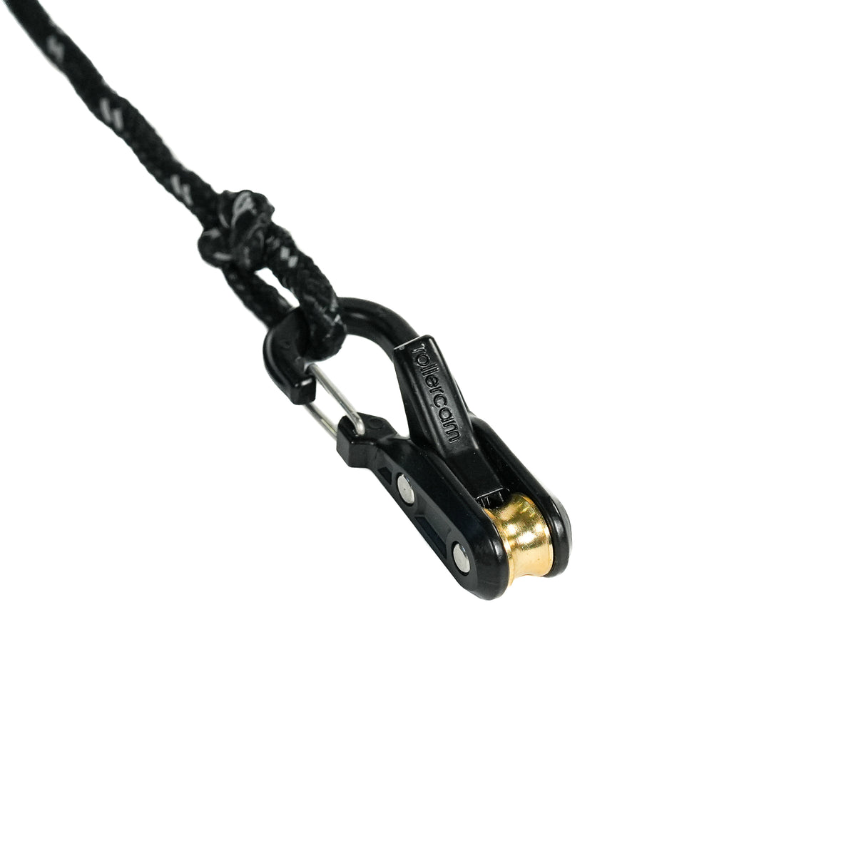 Close-up of a black Stealth Roperoller with black accessory cord attached to the carabiner.