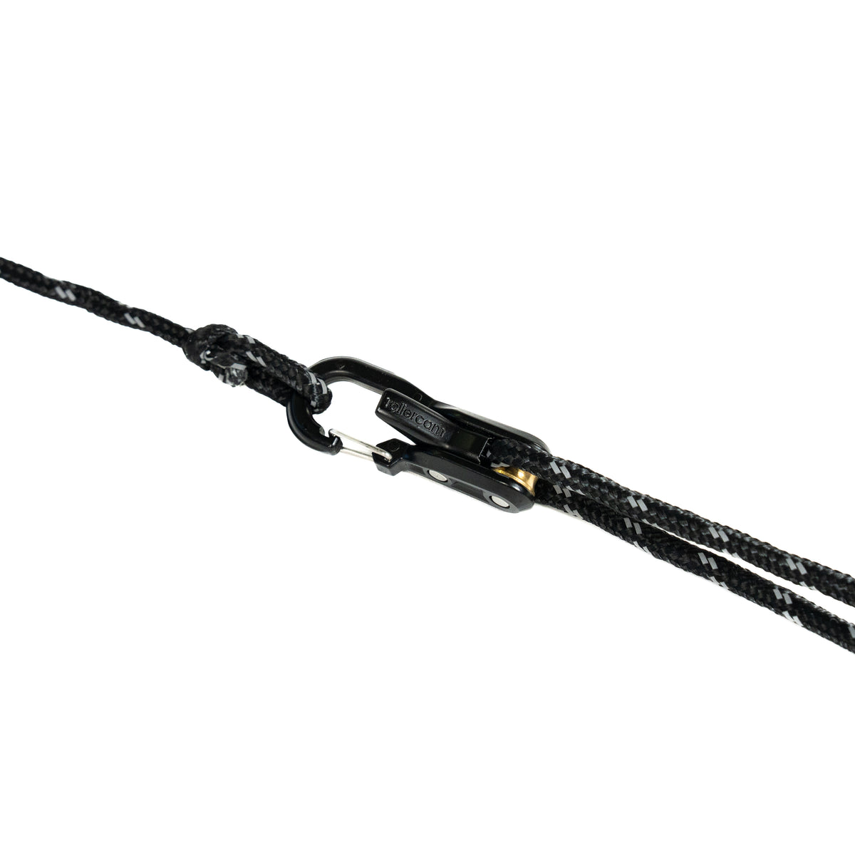 Close-up of a black braided rope secured with a Stealth black Roperoller on a plain white background.