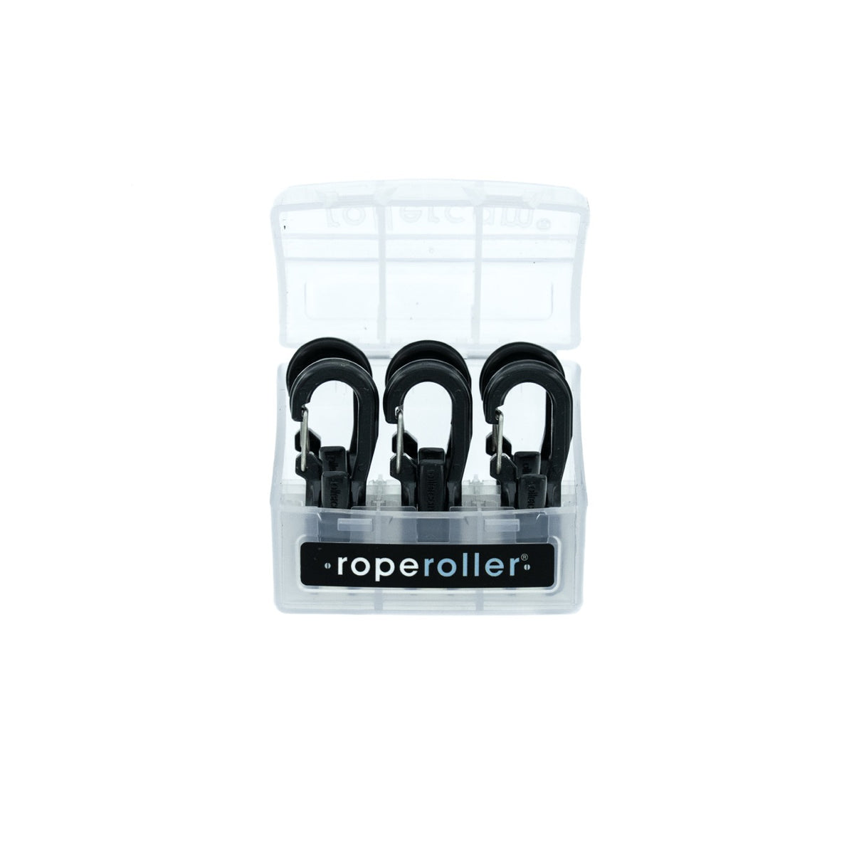 Six Stealth black Roperollers in a clear plastic storage case with the 'roperoller' brand label on the front, set against a plain white background.